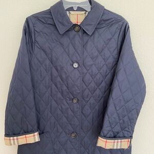 Burberry Navy Quilted Puffer Coat with Vintage Check Trim